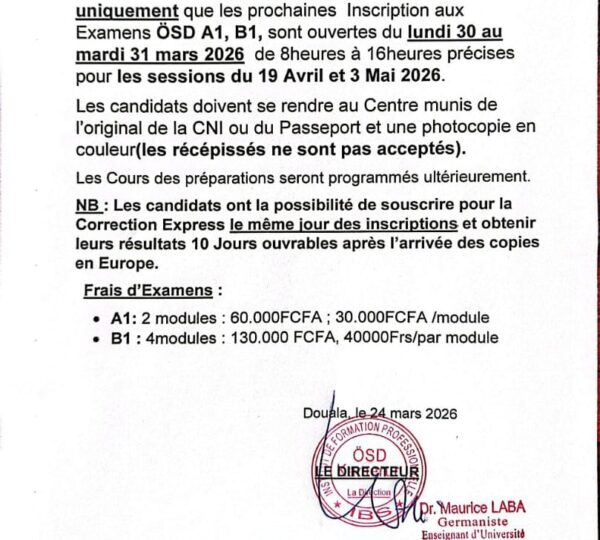 Inscriptions ouvertes – Examens ÖSD A1 et B1 à Douala (Avril – Mai 2026)